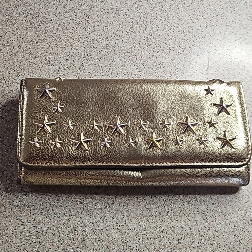 Jimmy Choo Metallic Bronza Gold Silver Star Stud Long Snap Front Flap Wallet